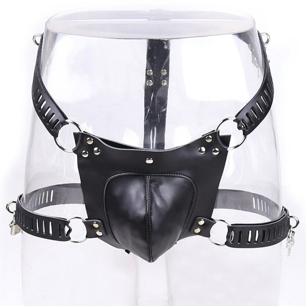 Male Chastity Lock Pants Men's Locked PU Underwear Cock Cages Ring Virginity Lock Belt Sex Toy for Man Adult Sex Game - sextoysok