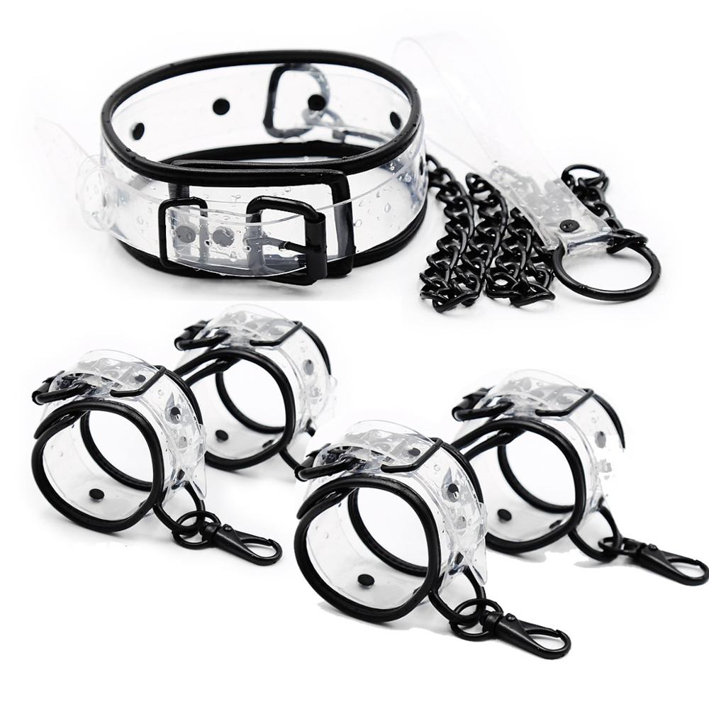 Adjustable Transparent PVC Handcuffs Ankle Cuffs Collar Neck Manacle BDSM Bondage Restraints Shackles Fetish Sex Toy for Couples - sextoysok