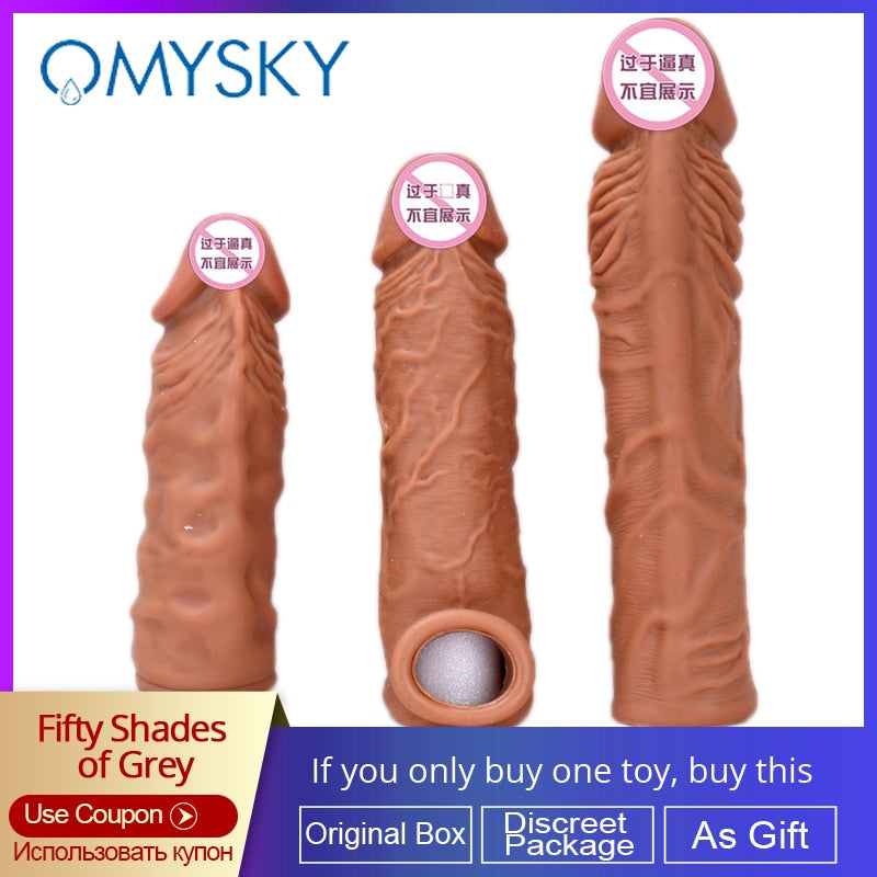 OMYSKY Penis Enlargement Condoms For Men Reusable Penis Sleeve Extender Dildo Enhancer Sleeves For Adults Intimate Cock Rings - sextoysok