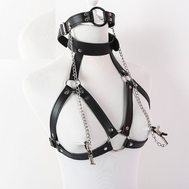 Sexy Faux Leather Lingerie Breast Binder Bra Top and Mouth Gag with Nipple Clamps Female Body Harness Fetish Restraint Costume - sextoysok