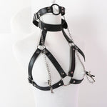 Sexy Faux Leather Lingerie Breast Binder Bra Top and Mouth Gag with Nipple Clamps Female Body Harness Fetish Restraint Costume - sextoysok