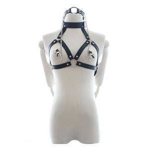 Sexy Faux Leather Lingerie Breast Binder Bra Top and Mouth Gag with Nipple Clamps Female Body Harness Fetish Restraint Costume - sextoysok