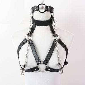 Sexy Faux Leather Lingerie Breast Binder Bra Top and Mouth Gag with Nipple Clamps Female Body Harness Fetish Restraint Costume - sextoysok