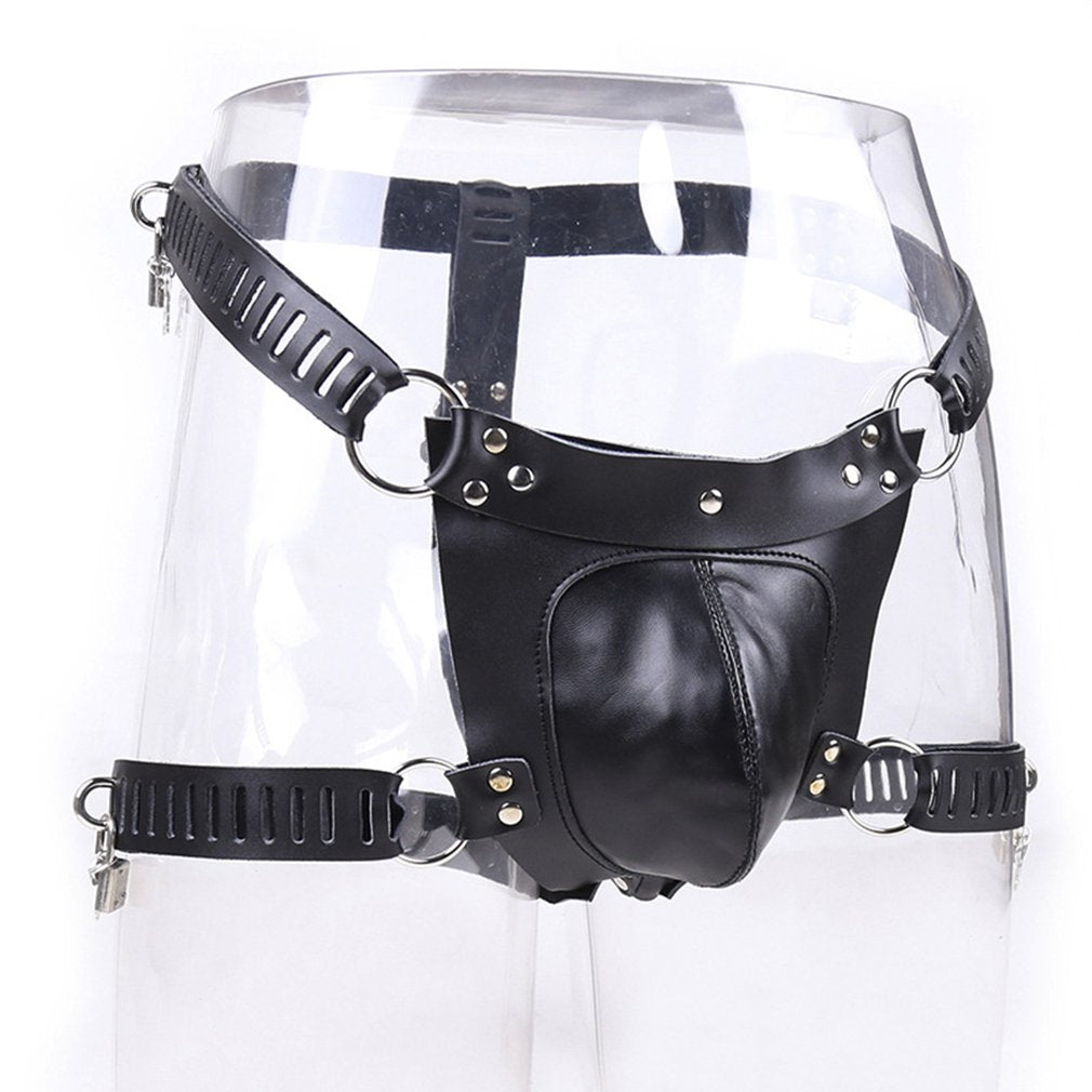 Male Chastity Lock Pants Men's Locked PU Underwear Cock Cages Ring Virginity Lock Belt Sex Toy for Man Adult Sex Game - sextoysok