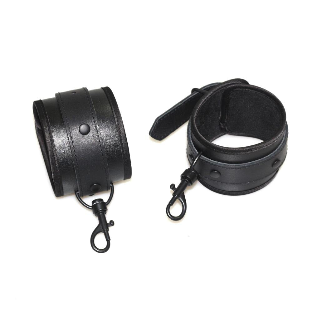 Black PU Handcuffs leather BDSM Sex Bondage kit Slave Fetish bedroom sex bandage Ankle cuffs restraint set adult toys For Couple - sextoysok