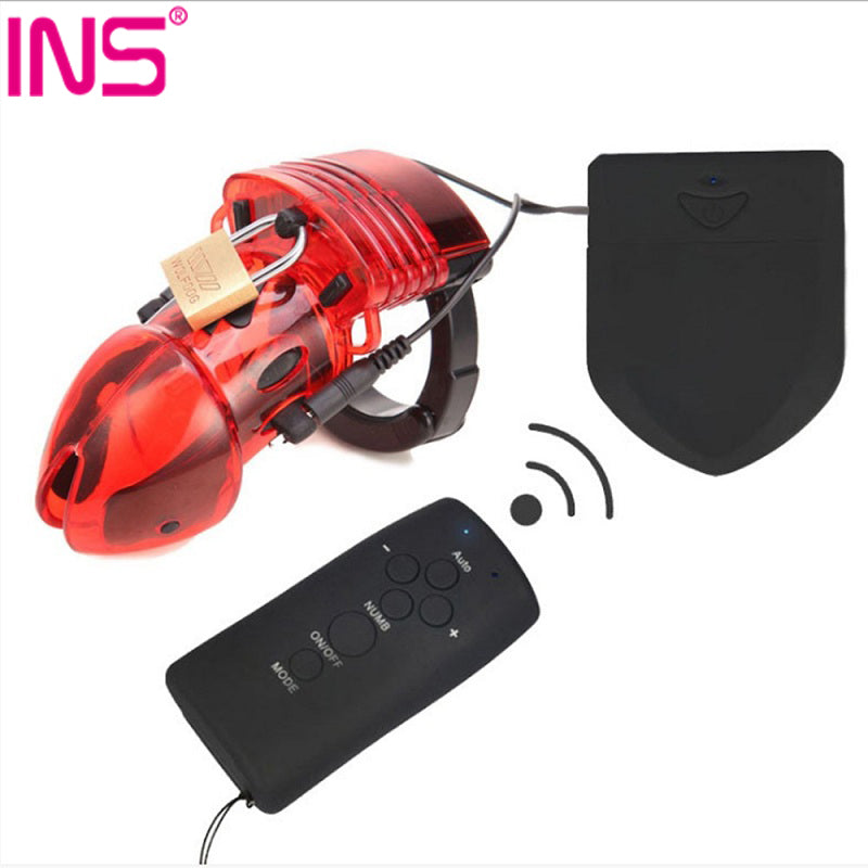 INS Chastity Device Electro Shock Cock Cage For Man Male Locks With Adjustable Ring Sex Toys Electro Shock Accessories - sextoysok