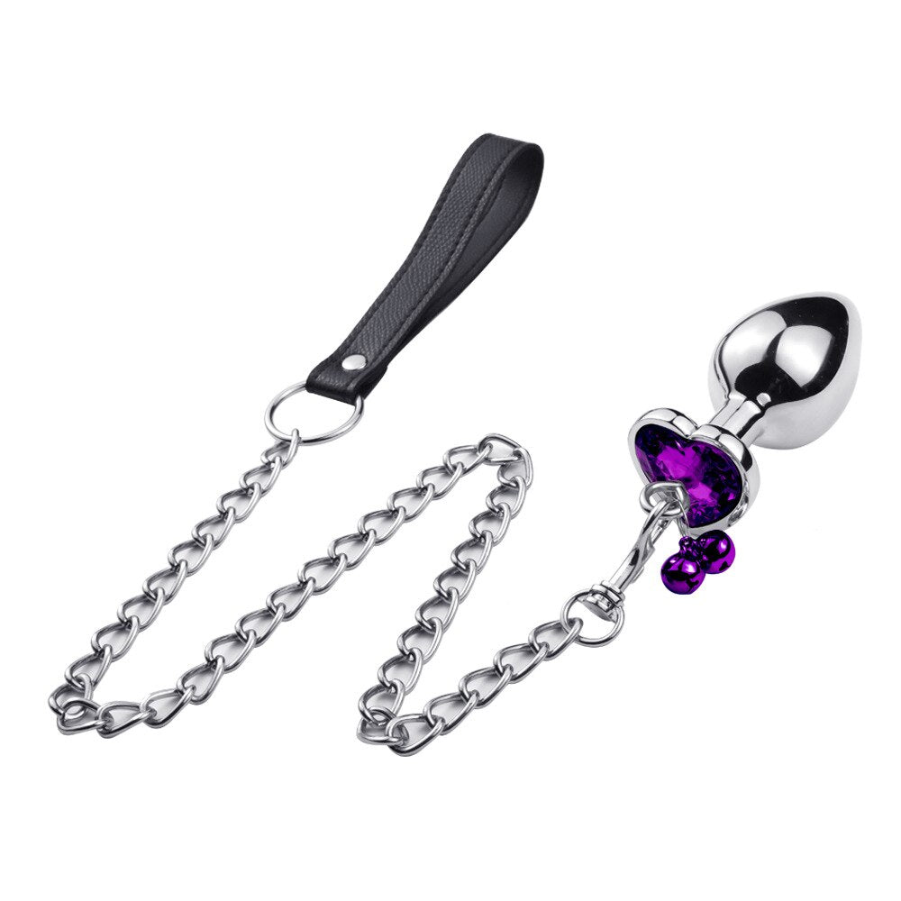Leash Chain Anal Plug with Bell Adult BDSM Games Stainless steel Crystal Heart Anal Sex Butt Plug Stimulator Sex Toys For Wome - sextoysok