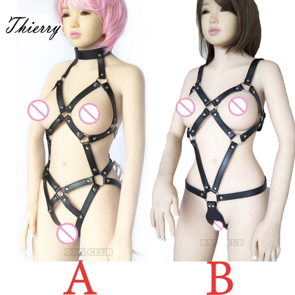 Thierry adult games PU leather Body Harness for women fetish slave bondage restraints,exposed breast chastity belt,sex products - sextoysok