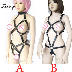 Thierry adult games PU leather Body Harness for women fetish slave bondage restraints,exposed breast chastity belt,sex products - sextoysok