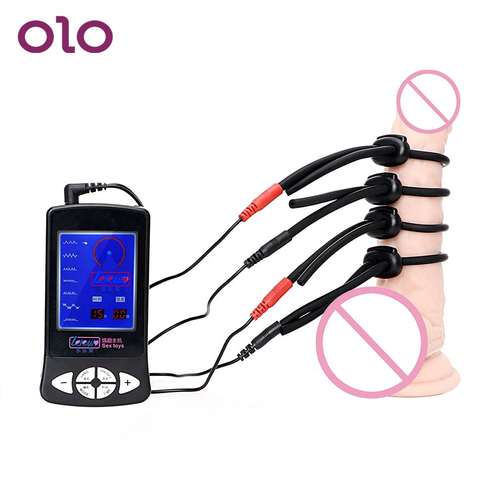 OLO Electric Shock Penis Ring Electro Stimulation Electric Shock Cock Ring Medical Therapy Massager Sex Toys for Men Silicone - sextoysok