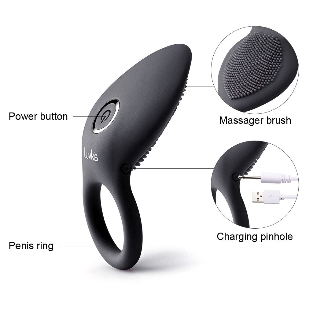 Luvkis 10 Speeds Penis Vibrator Rings Male Longer Lasting Vibrating Cock with Ring Massager Brush Silicone Sex Toys USB Charged - sextoysok