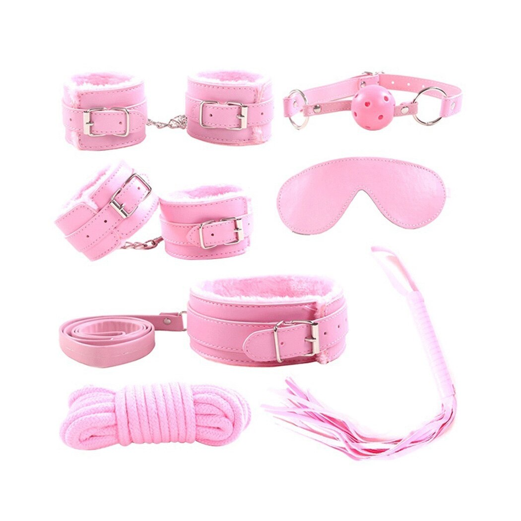 7 Pieces/Set Collar Furry Fuzzy Bed Bondage Gear Restraint Set Kit Ball Gag Cuff Whip Sexy 2019 Products Sex Toys For Lovers - sextoysok
