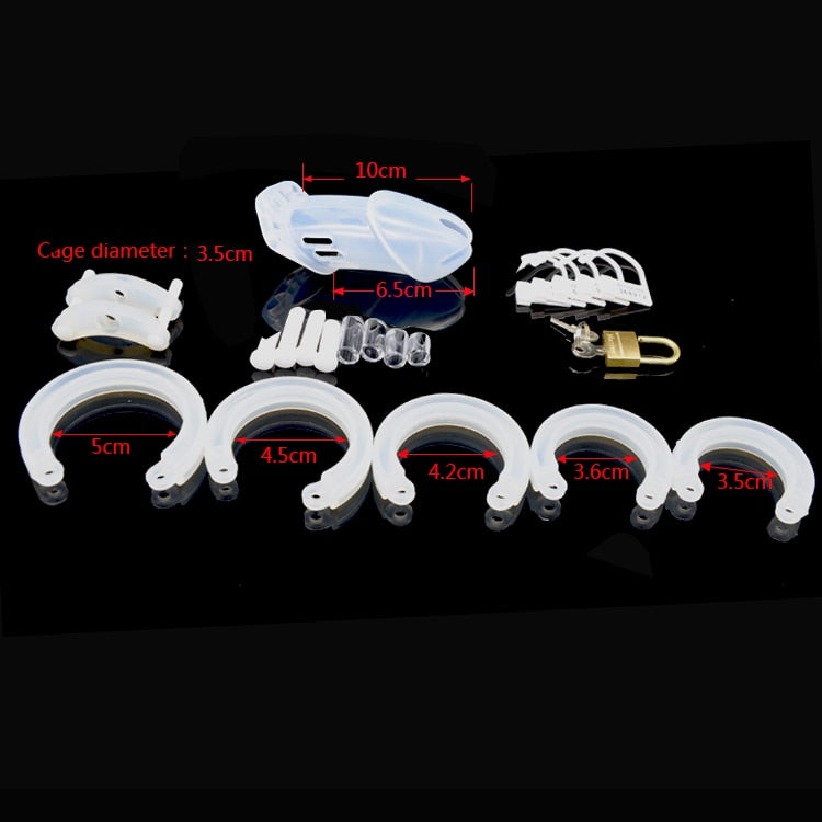 CHASTE BIRD Male Silicone Chastity Device Cock Cage Sex Toys With 5 Penis Ring Adult Belt Brass Lock Standard/Short Cage - sextoysok