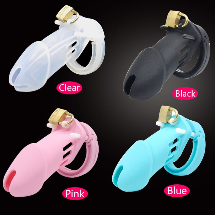 CHASTE BIRD Male Silicone Chastity Device Cock Cage Sex Toys With 5 Penis Ring Adult Belt Brass Lock Standard/Short Cage - sextoysok