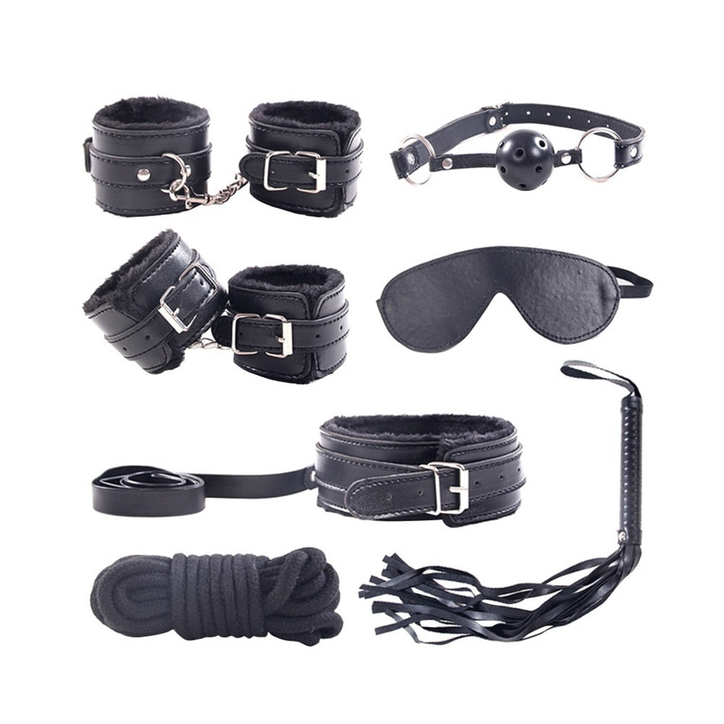 7 Pieces/Set Collar Furry Fuzzy Bed Bondage Gear Restraint Set Kit Ball Gag Cuff Whip Sexy 2019 Products Sex Toys For Lovers - sextoysok