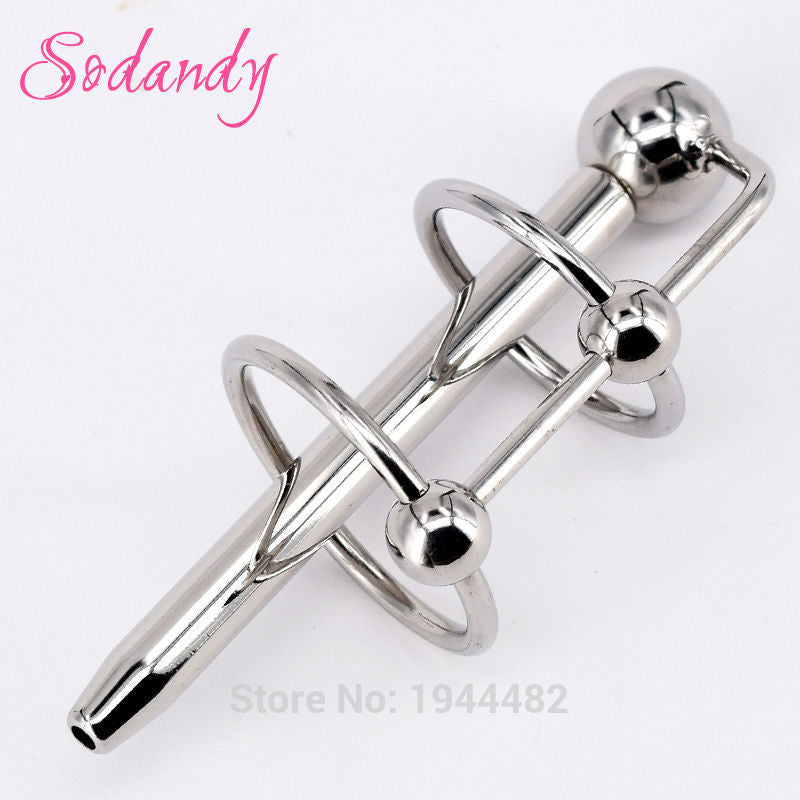 SODANDY Penis Enhancer Delay Cock Ring With Urethral Stretcher Dilator Catheter Stainless Steel Penis Plug Metal Cockrings - sextoysok