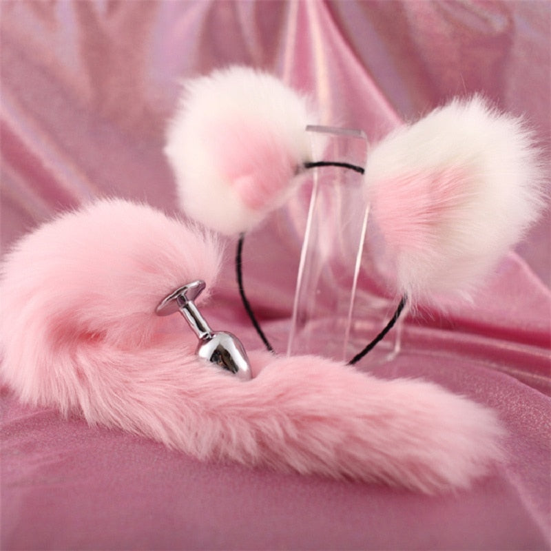 Cute Soft Cat ears Headbands with 40cm Fox Tail Bow Metal Butt Anal Plug Erotic Cosplay Accessories Adult Sex Toys for Couples - sextoysok