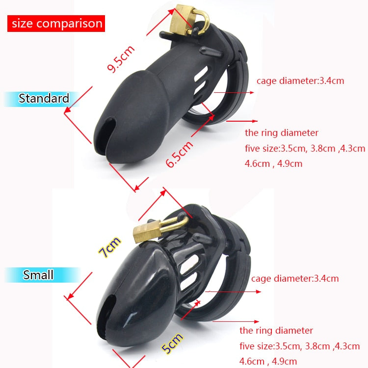 CHASTE BIRD Male Silicone Chastity Device Cock Cage Sex Toys With 5 Penis Ring Adult Belt Brass Lock Standard/Short Cage - sextoysok
