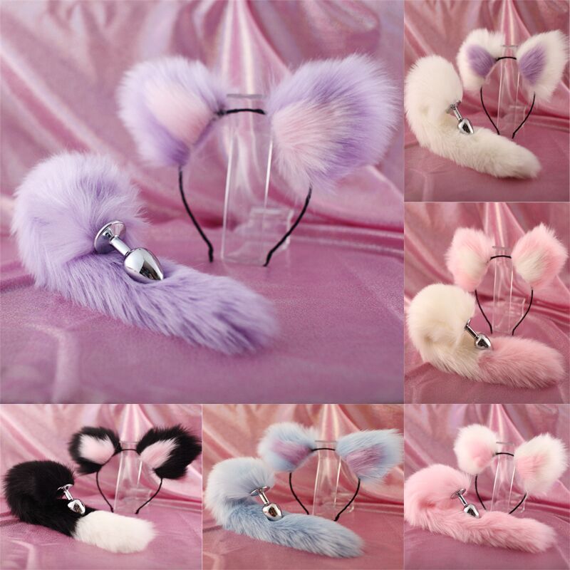 Cute Soft Cat ears Headbands with 40cm Fox Tail Bow Metal Butt Anal Plug Erotic Cosplay Accessories Adult Sex Toys for Couples - sextoysok