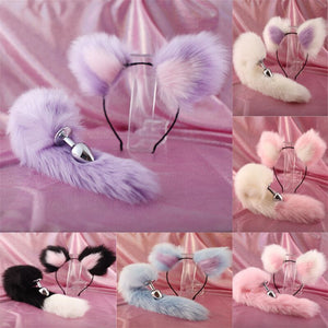 Cute Soft Cat ears Headbands with 40cm Fox Tail Bow Metal Butt Anal Plug Erotic Cosplay Accessories Adult Sex Toys for Couples - sextoysok
