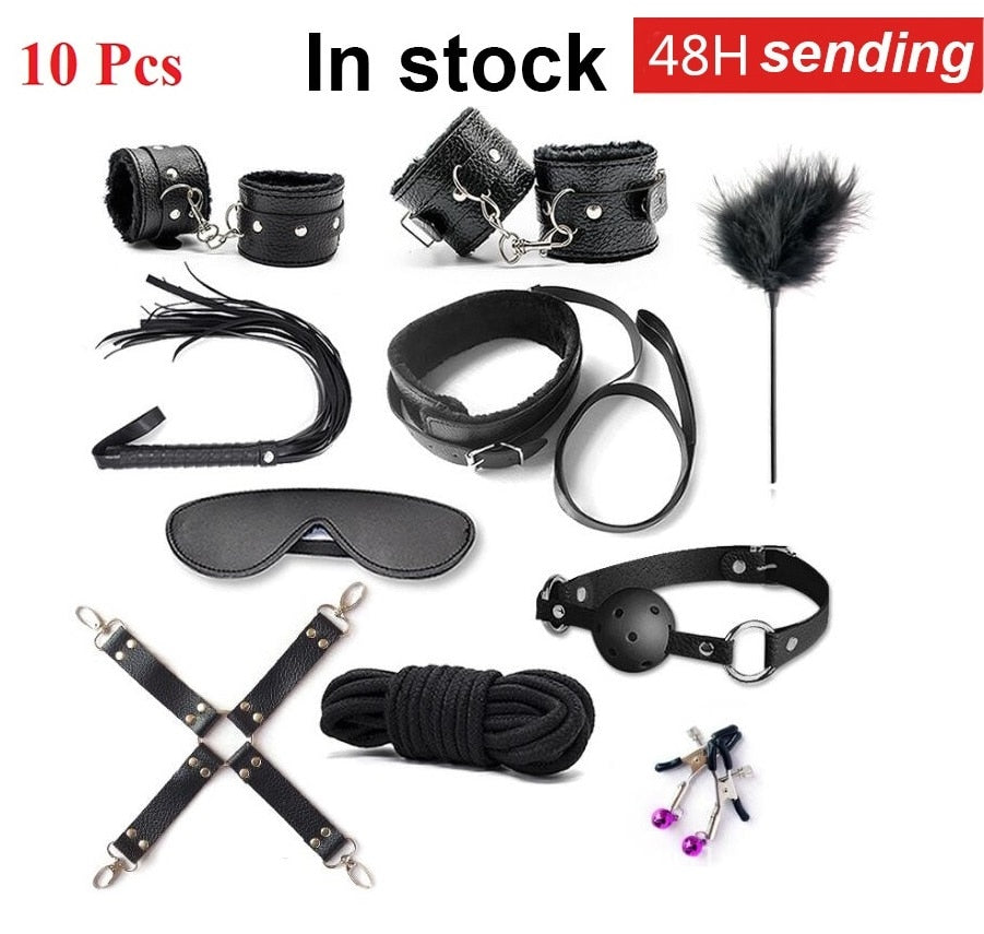 10pcs Sex Toys Exotic Accessories Erotic BDSM Bondage Set Handcuffs nipple clamps Whip Rope Sex Products For Couple women - sextoysok