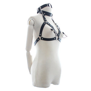 Sexy Faux Leather Lingerie Breast Binder Bra Top and Mouth Gag with Nipple Clamps Female Body Harness Fetish Restraint Costume - sextoysok