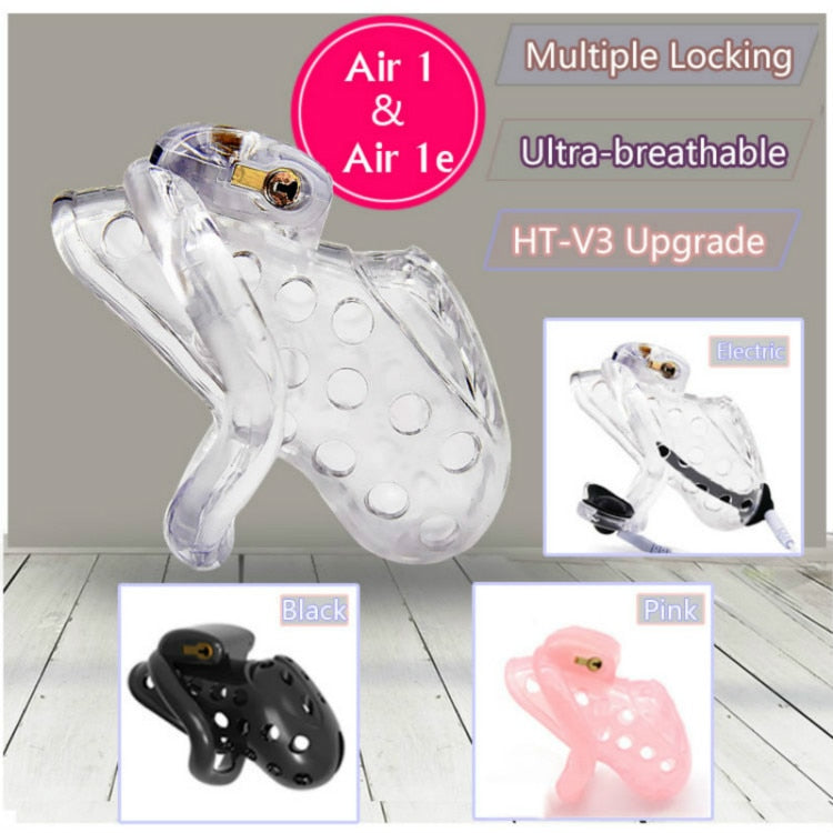 2019 New Air 1 Super Breathable Male Chastity Cage With Electric Shock Device and Multiple Locks - sextoysok