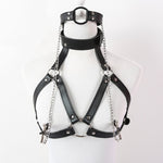 Sexy Faux Leather Lingerie Breast Binder Bra Top and Mouth Gag with Nipple Clamps Female Body Harness Fetish Restraint Costume - sextoysok
