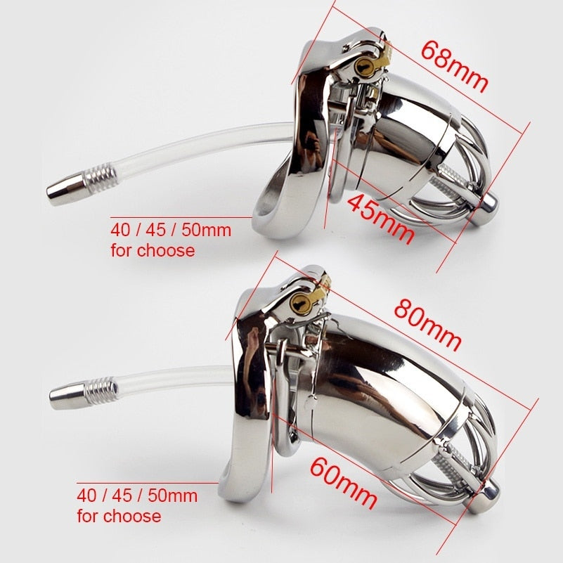304 Stainless Steel Chastity Device With Urethral Sounds Catheter And Spike Ring S/L Size Cock Cage Choose Male Chastity Belt - sextoysok