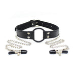 Sexy Faux Leather Lingerie Breast Binder Bra Top and Mouth Gag with Nipple Clamps Female Body Harness Fetish Restraint Costume - sextoysok