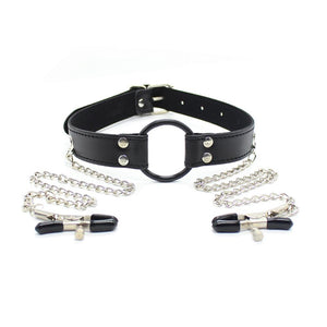 Sexy Faux Leather Lingerie Breast Binder Bra Top and Mouth Gag with Nipple Clamps Female Body Harness Fetish Restraint Costume - sextoysok