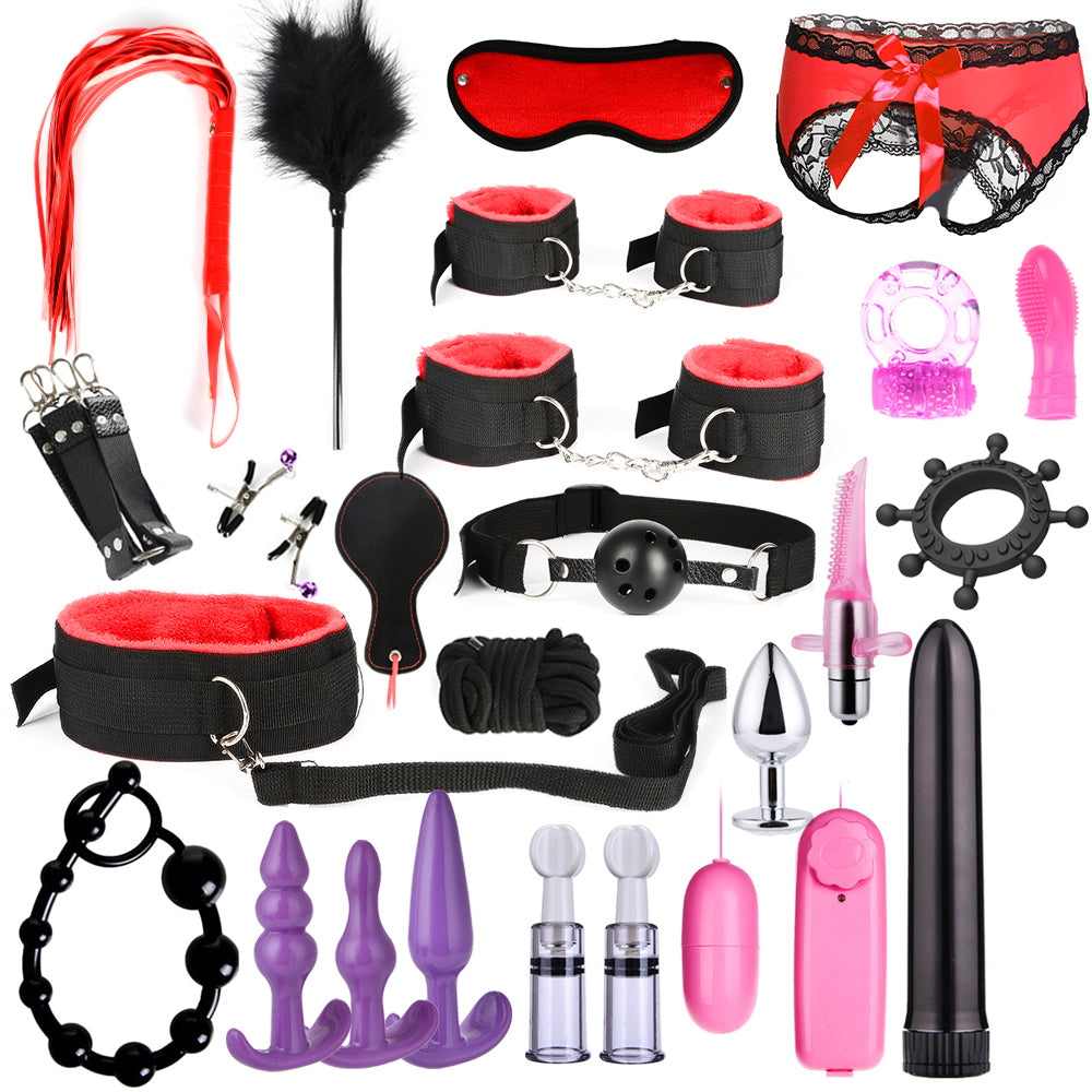 Adult Game Women Men Porno Sex Handcuffs Nipple Clamps Whip Mouth Gag Sex Mask Anal Plug Bondage Set Lingerie Toys for Adults - sextoysok