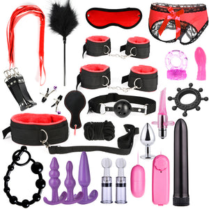 Adult Game Women Men Porno Sex Handcuffs Nipple Clamps Whip Mouth Gag Sex Mask Anal Plug Bondage Set Lingerie Toys for Adults - sextoysok
