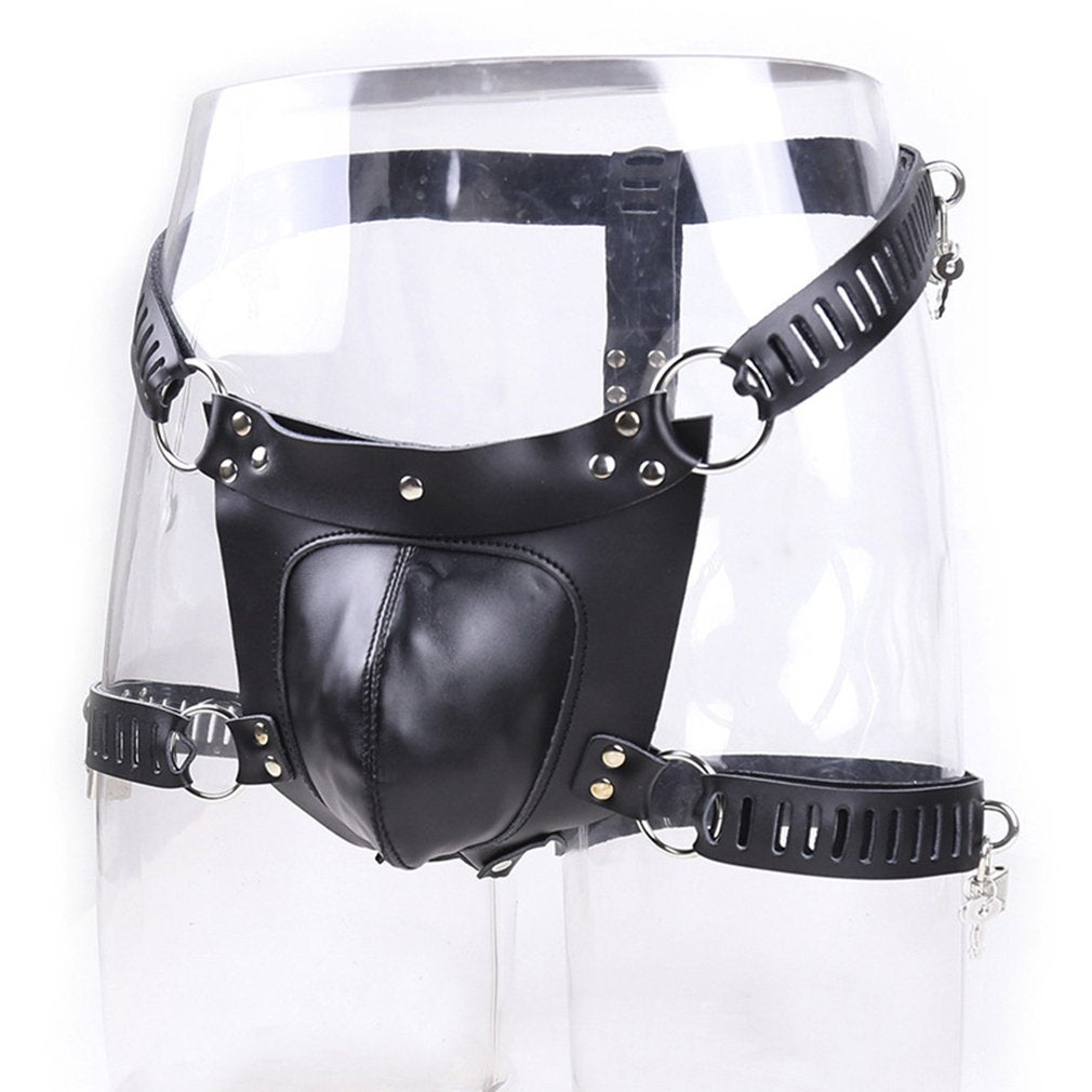 Male Chastity Lock Pants Men's Locked PU Underwear Cock Cages Ring Virginity Lock Belt Sex Toy for Man Adult Sex Game - sextoysok