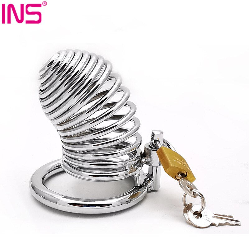 INS Male Stainless Steel Chastity Device Belt Bird Metal Cage Cock Lock Restraint Ring Sex Toy for Men - sextoysok